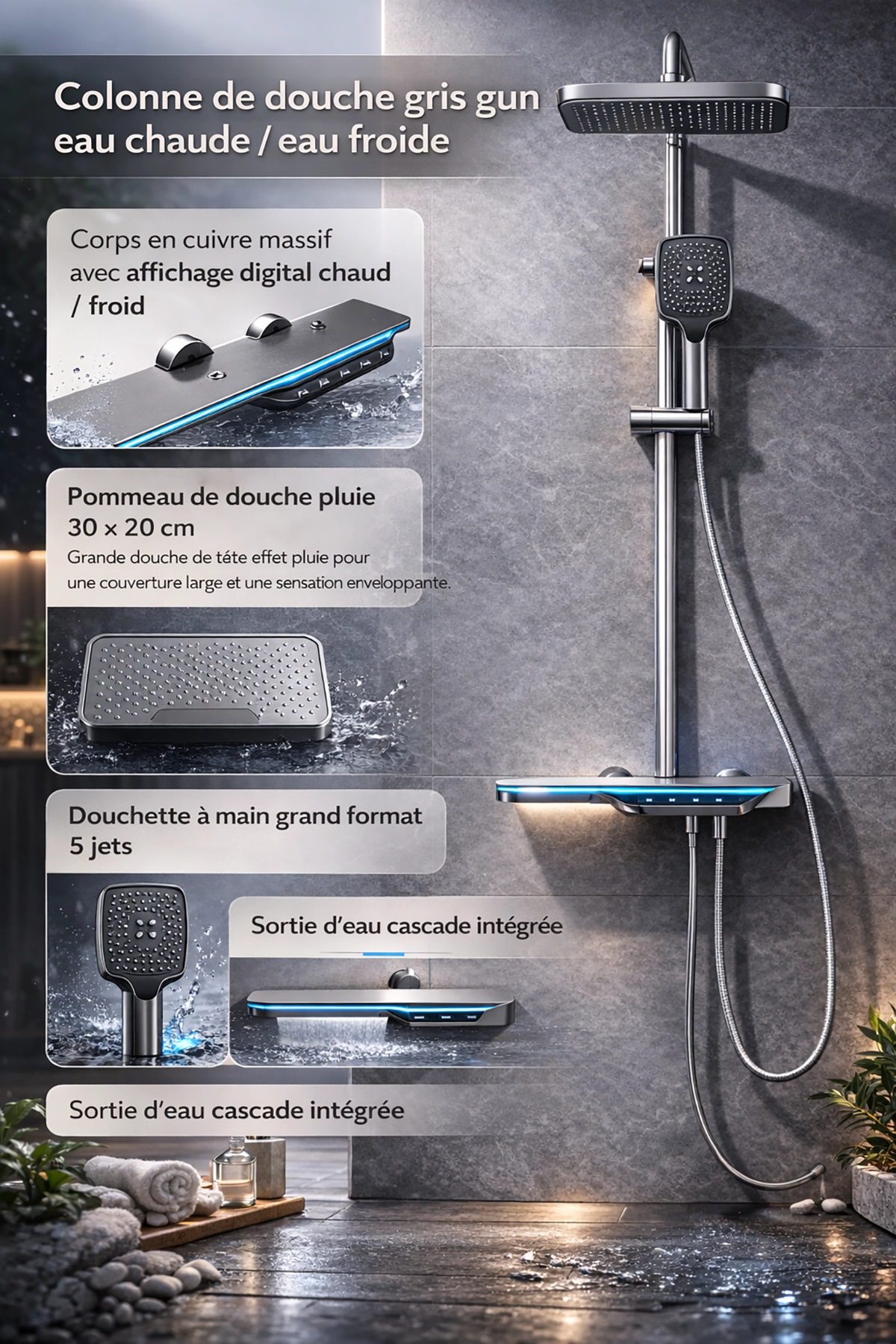 Détail colonne bain-douche Victoria LED gun métal